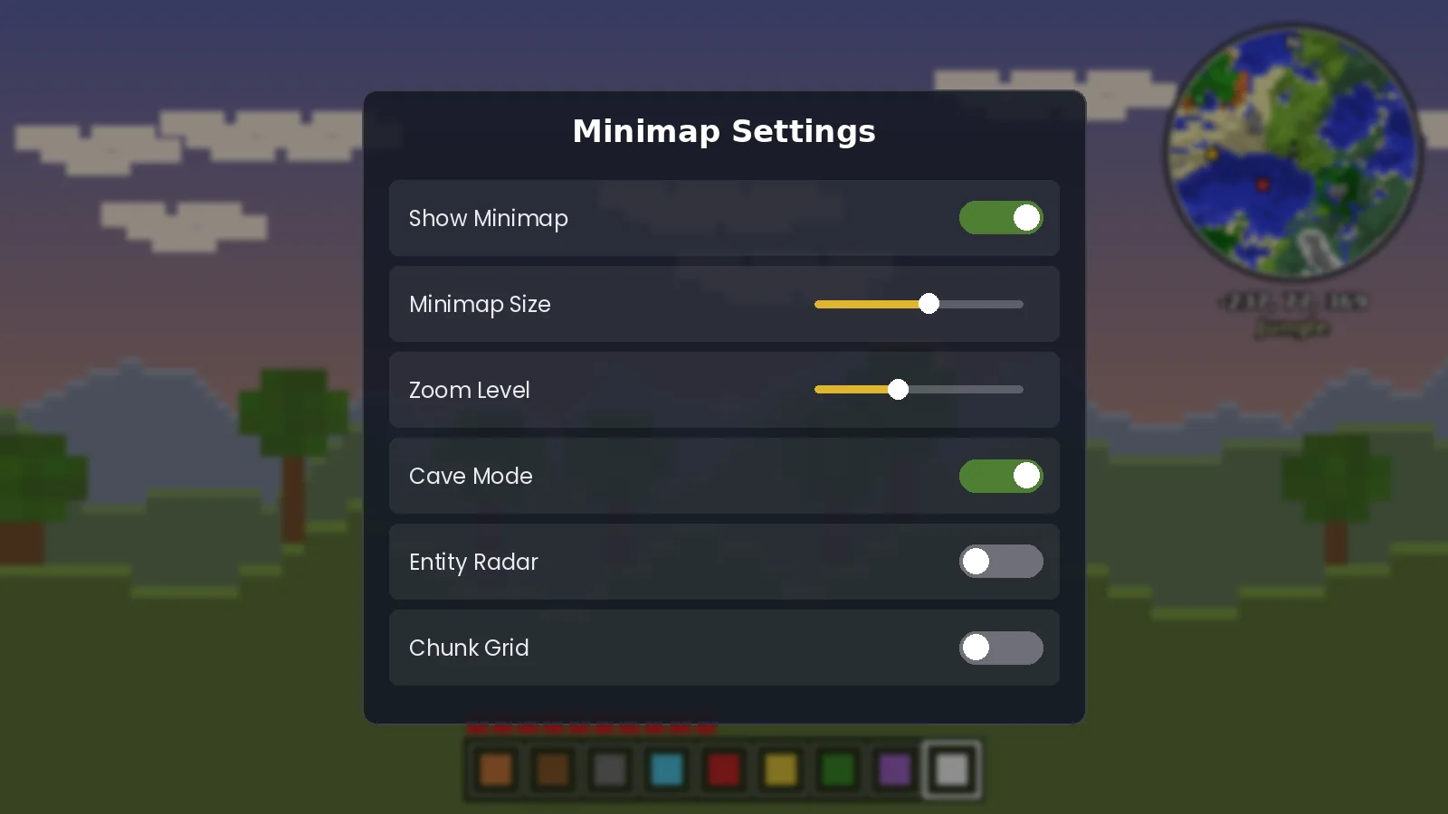 Minimap settings menu with size, zoom level, cave mode, entity radar and chunk grid options
