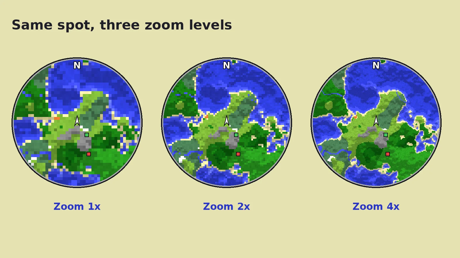 Three circular minimaps of the same location at 1x, 2x and 4x zoom