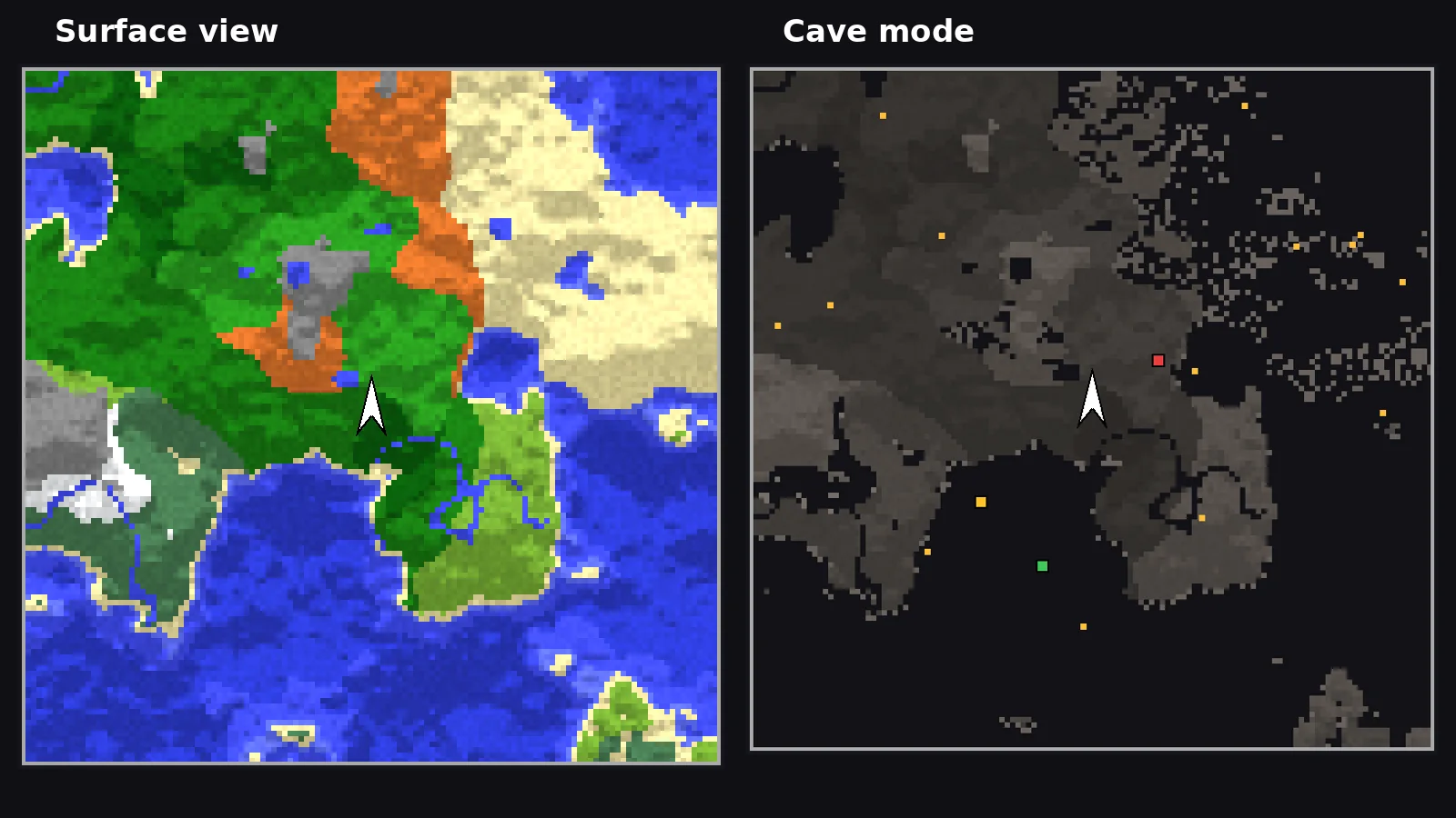 Side-by-side view of the same area on the surface map and in cave mode