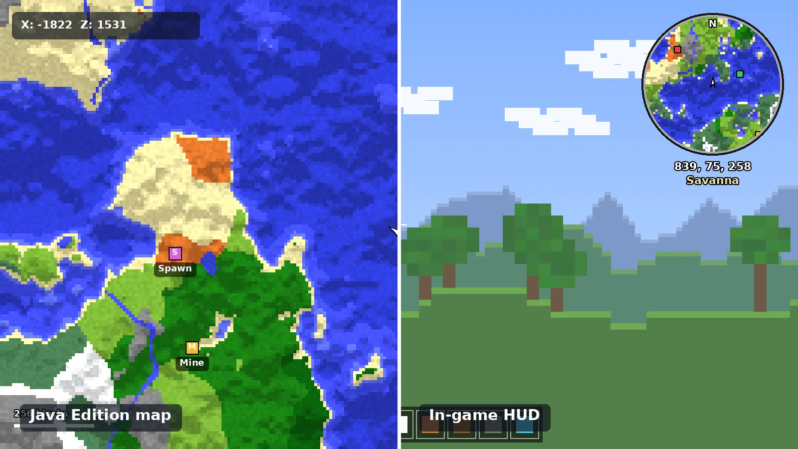 Split view of a Java Edition world map and the in-game minimap HUD