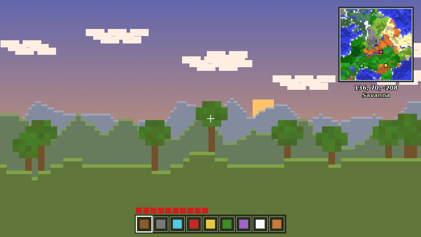 Minecraft sunset scene with a square Minimap Mod overlay on version 26.1
