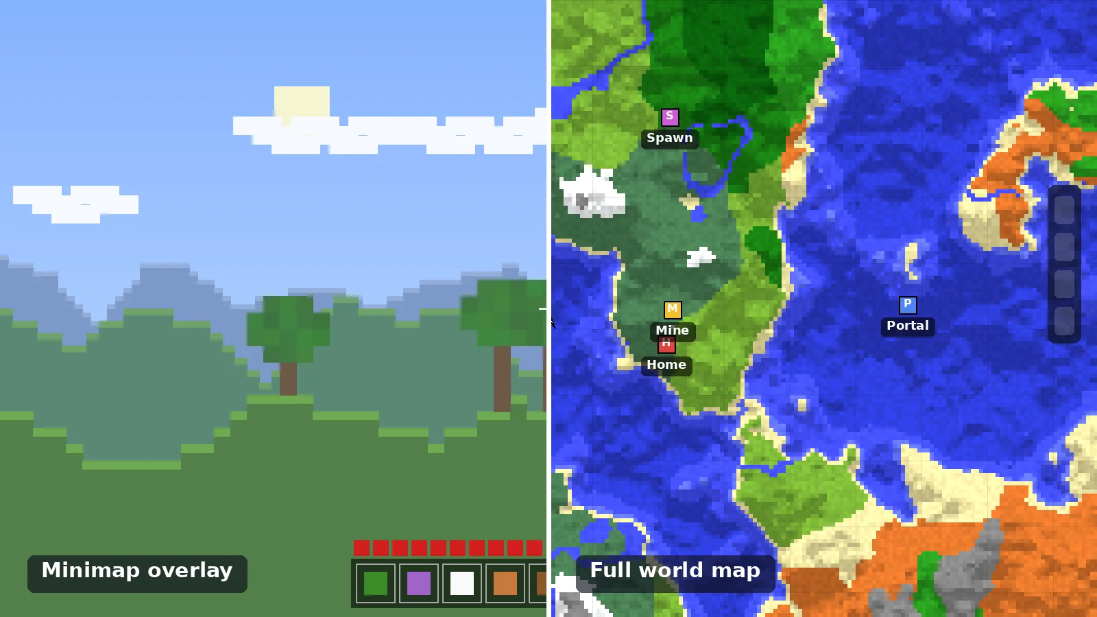 Split image comparing the Minimap Mod HUD overlay with Xaero's full-screen world map