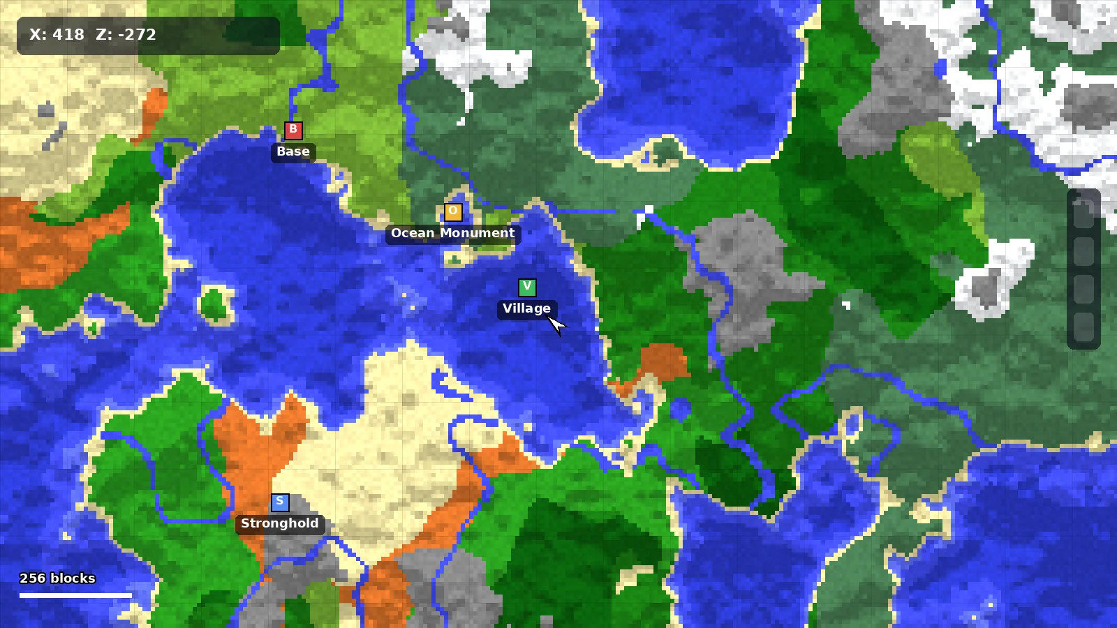 Xaero's World Map showing explored terrain with waypoints for base, village, ocean monument and stronghold
