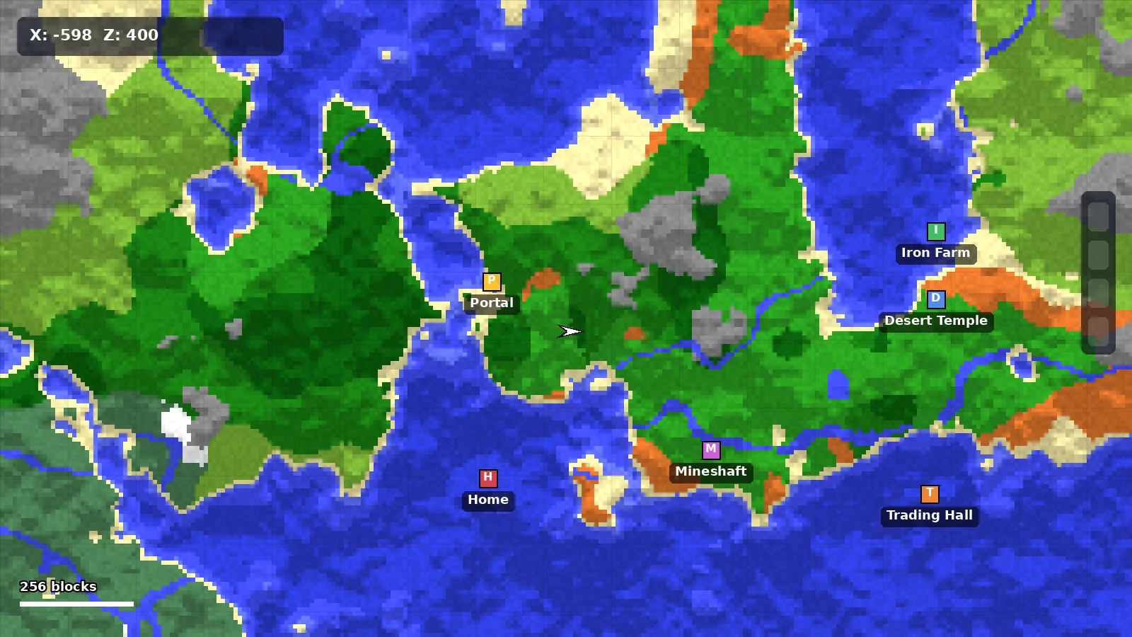 World map with six colored waypoints for home, iron farm, portal, desert temple, mineshaft and trading hall
