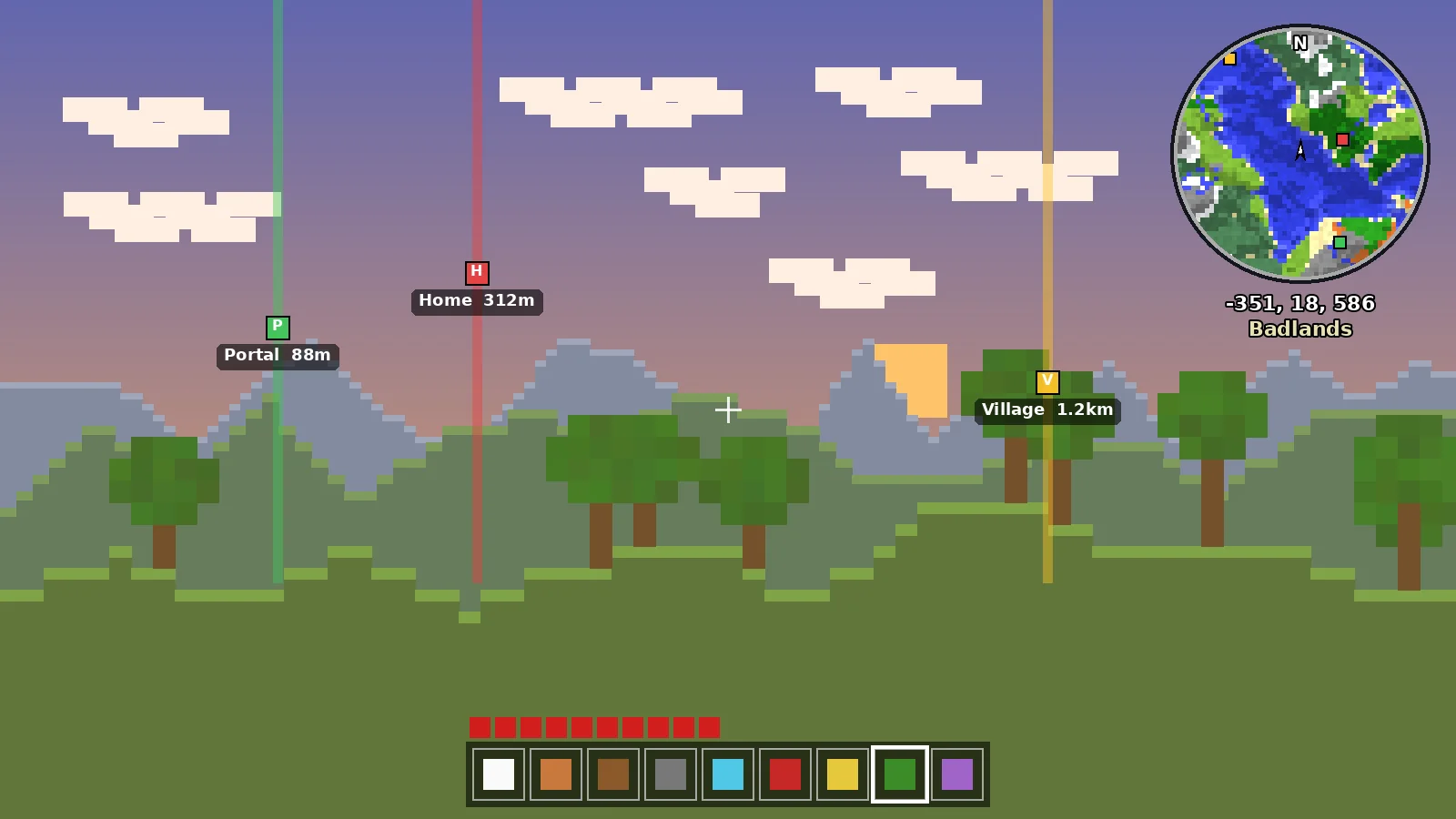 Waypoint beacons for Home, Portal and Village with distances shown in the Minecraft sky