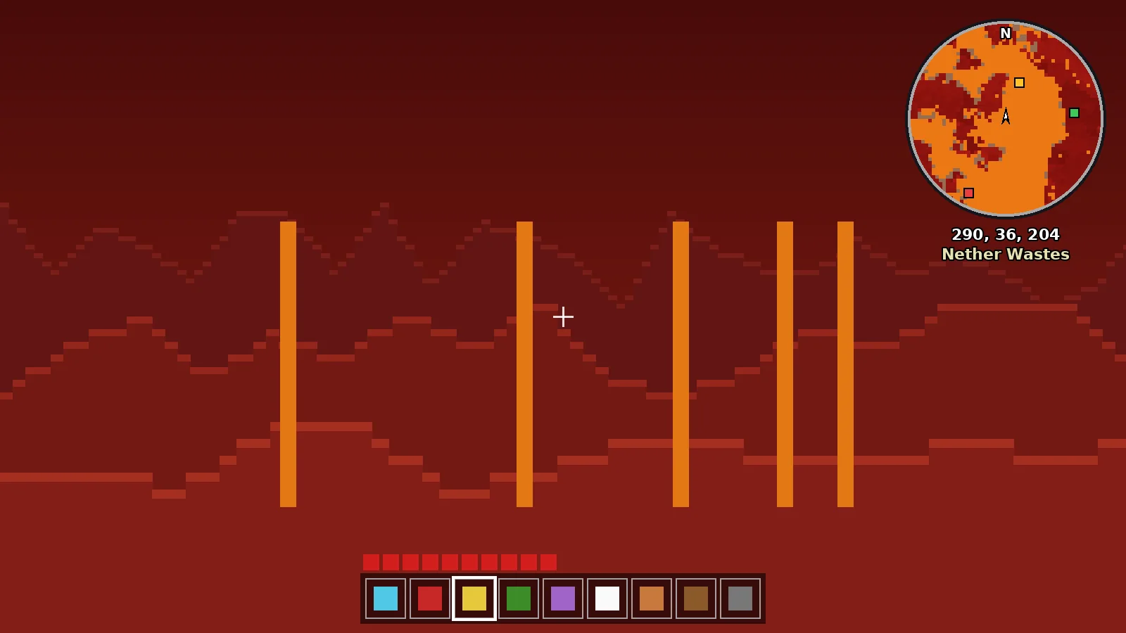 Nether landscape with lava falls and a Minimap Mod overlay showing the Nether Wastes