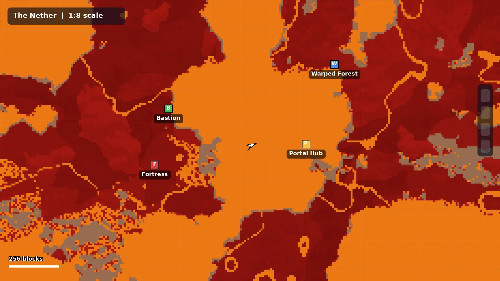 Nether world map with waypoints for fortress, bastion, portal hub and warped forest