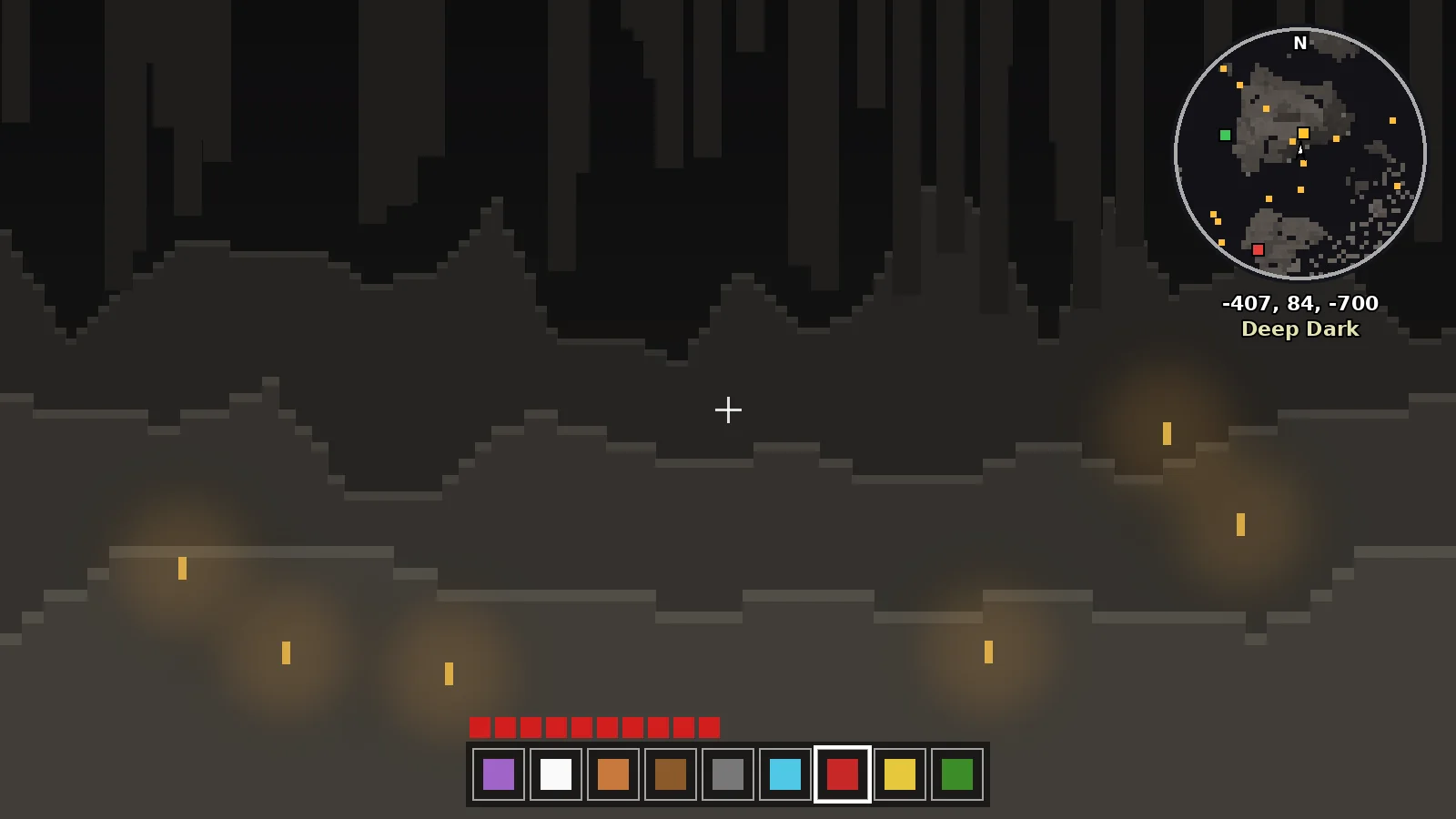 Cave mode revealing tunnels and torches below the surface