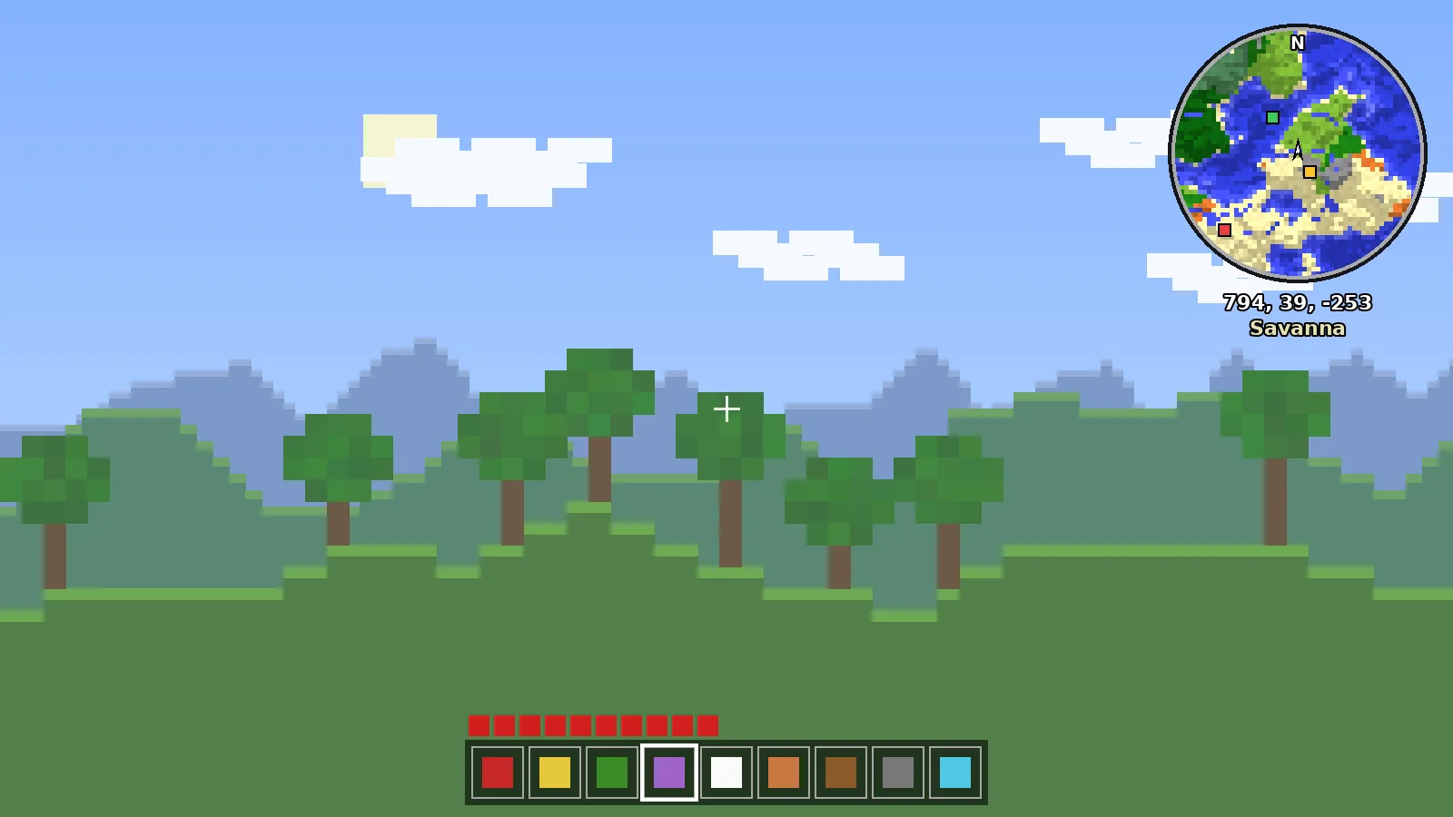 Round minimap in the top-right with coordinates and biome