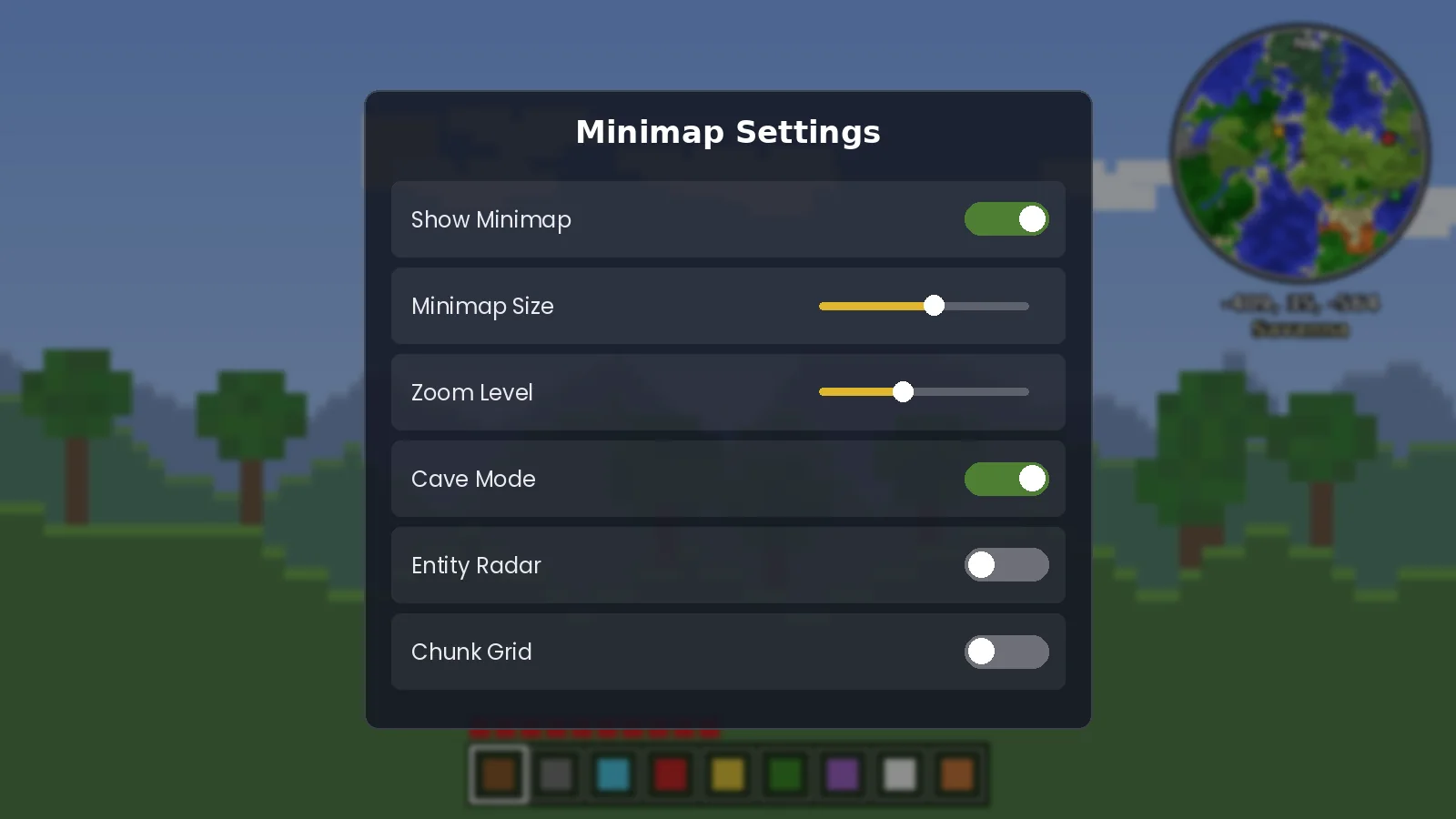 Settings menu with size, zoom and cave mode toggles