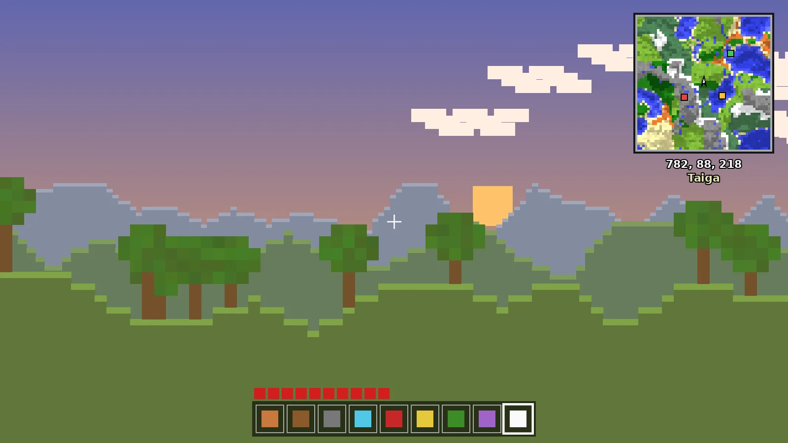 Square minimap overlay at sunset showing coordinates and biome