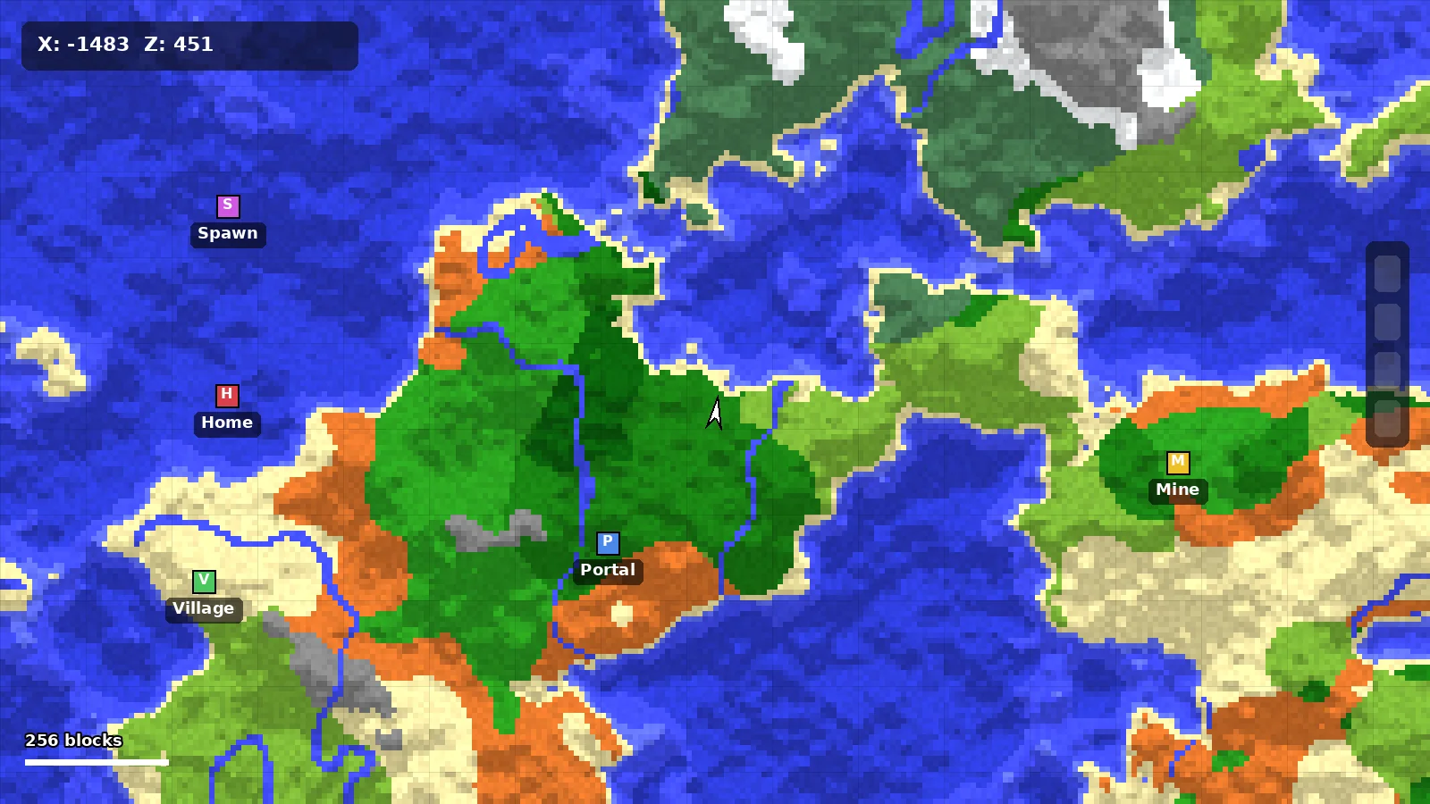 World map with colored waypoints for home, village, mine and portal