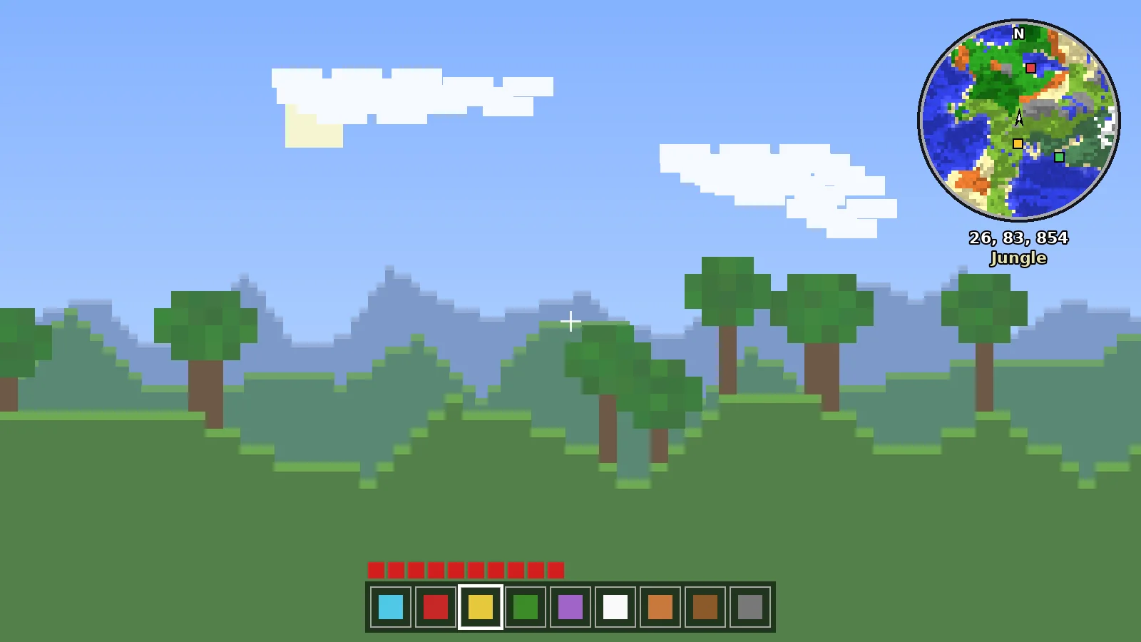 Minimap Mod overlay in Minecraft showing a round minimap with coordinates and biome name